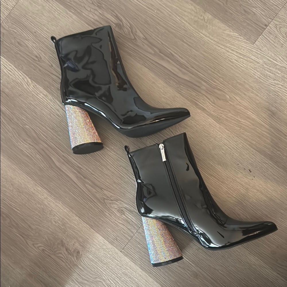 CAPE ROBBIN❣️”Biba” Black Patent Rhinestone High Block Ankle Boot NIB❣️❣️